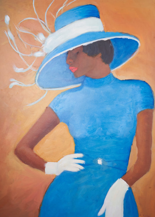 Church Woman in Blue Dress & Hat